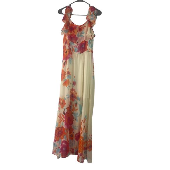 Bisou Bisou Size 6 Floral Chiffon Orange Blue Cream Off Shoulder Maxi Dress - Picture 1 of 9